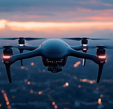 drone-flying-over-city-at-sunset-capturing-aerial-footage-photo